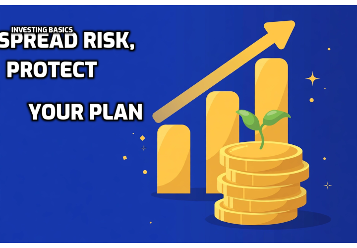 A broad investing illustration with many different coloured blocks and rising bars, showing money spread across different investments, with the headline Spread Risk, Protect Your Plan.