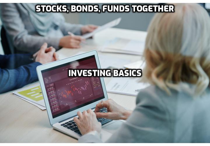 A clean investing illustration with a rising stock chart, a bond document, and a basket holding many small investments, with the headline Stocks, Bonds, Funds Together
