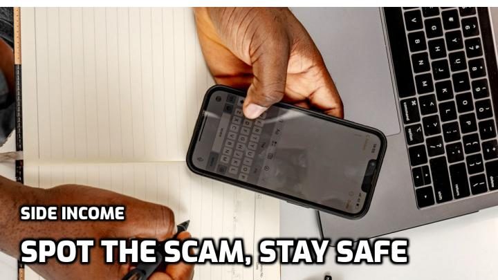 A real photo of a person checking a suspicious job message on a phone at a desk, with a notebook and laptop nearby, with the headline Spot the Scam, Stay Safe