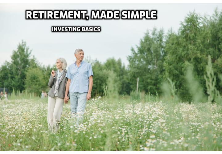 A real photo of an older couple walking together outdoors in retirement, with a notebook and a calm, bright setting nearby, with the headline Retirement, Made Simple.