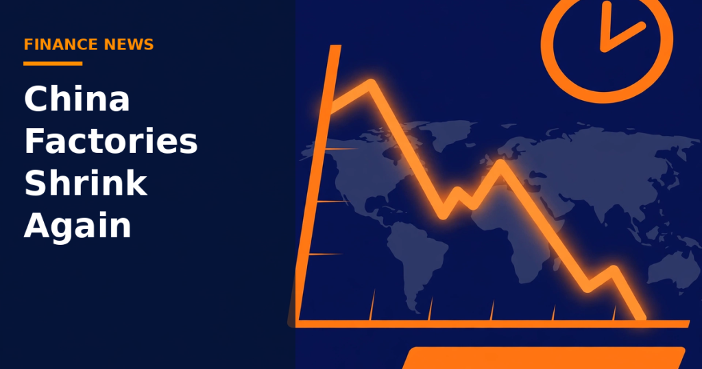 Flat vector illustration of a falling orange stock chart over a world map on deep navy, with headline text China Factories Shrink Again.
