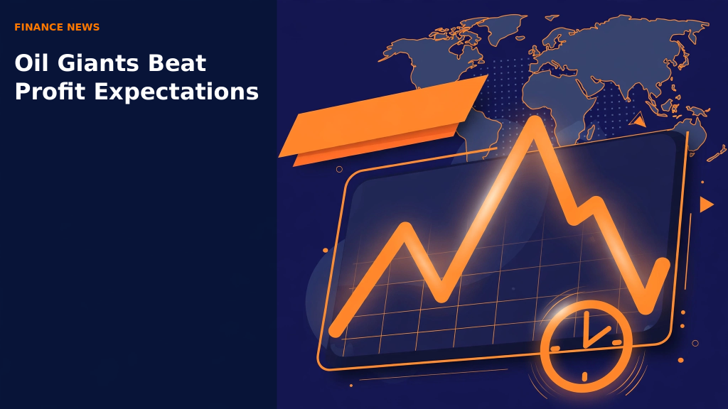 Flat vector illustration of a glowing orange stock chart over a world map on deep navy, with a clock icon, for a finance news story about oil company profits.