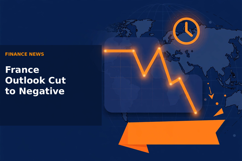 Deep navy financial news illustration with an orange falling stock chart, a world map, a clock and an empty orange banner, with the headline France Outlook Cut to Negative