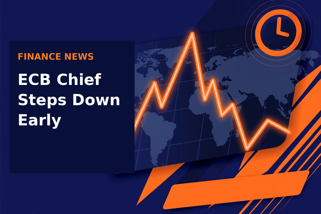 Deep navy illustration with a glowing orange stock chart over a world map and a clock, with the headline ECB Chief Steps Down Early.