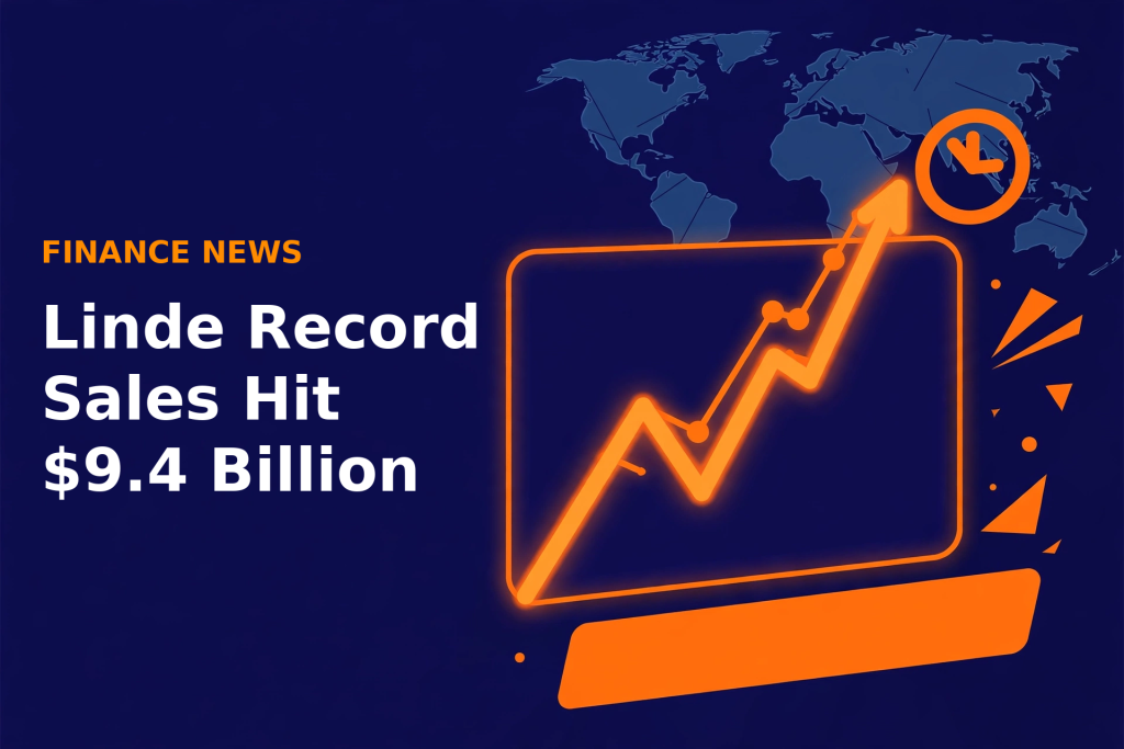 Deep navy financial news illustration with a glowing orange stock chart, a world map, and a clock, with the headline Linde Record Sales Hit $9.4 Billion