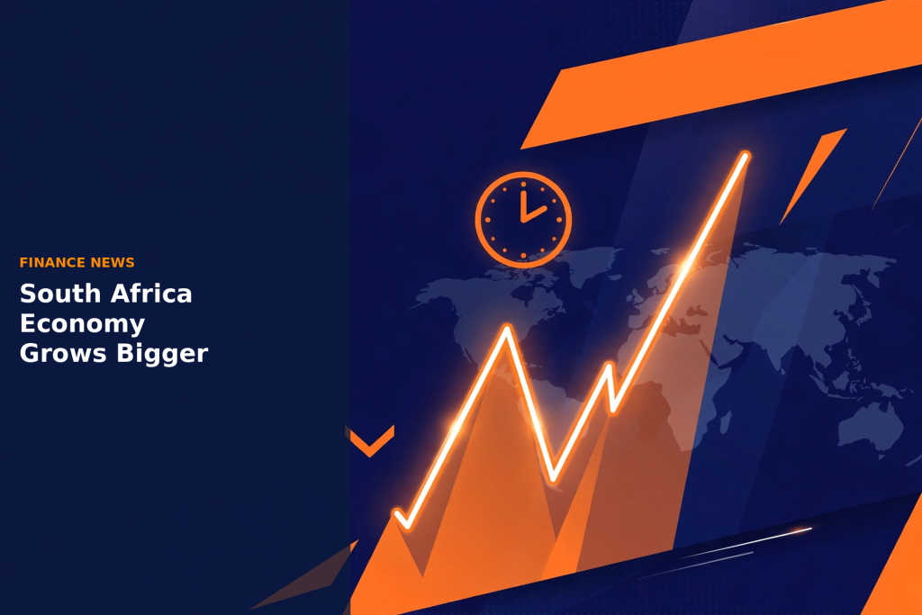 Finance news illustration with a rising stock chart over a world map, with the headline South Africa Economy Grows Bigger