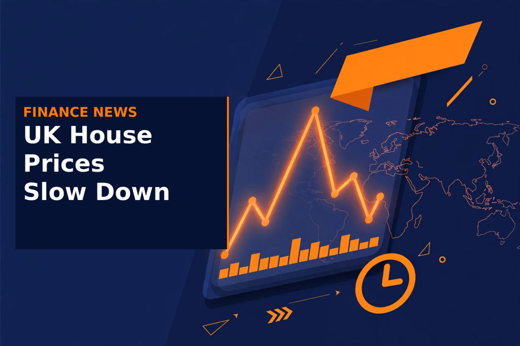 Illustration for UK house price news, with a glowing chart, world map and clock on a deep navy background.