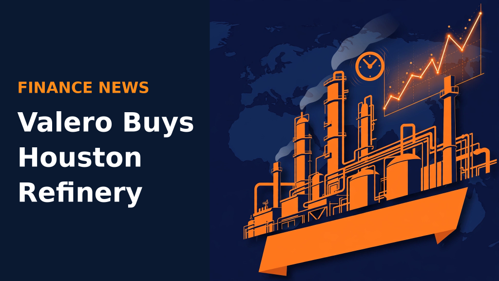 Deep navy financial news illustration with an orange oil refinery, a glowing stock chart, a world map, and a clock, with the headline Valero Buys Houston Refinery