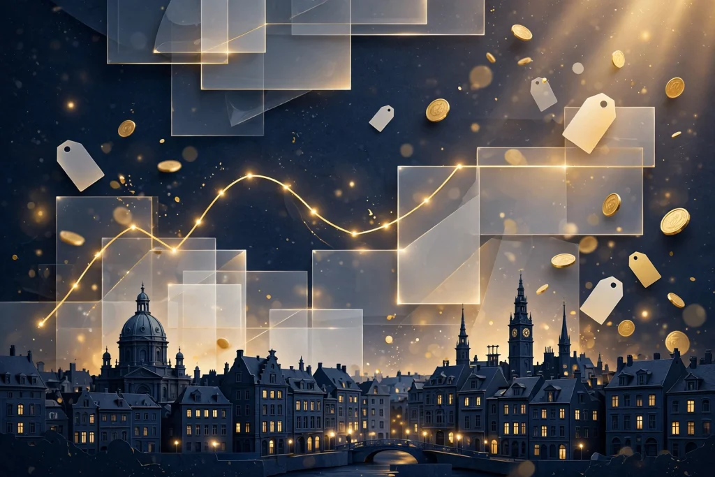 Original navy, white and warm gold illustration of a rising gold chart over a European city skyline, showing higher inflation expectations