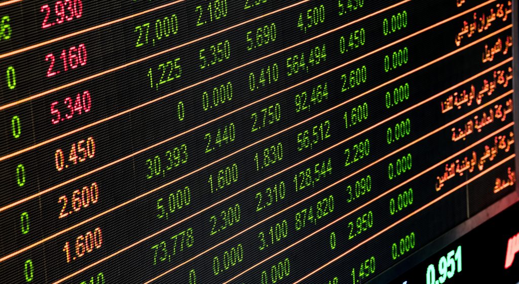 A close-up stock market screen showing share prices and trading data