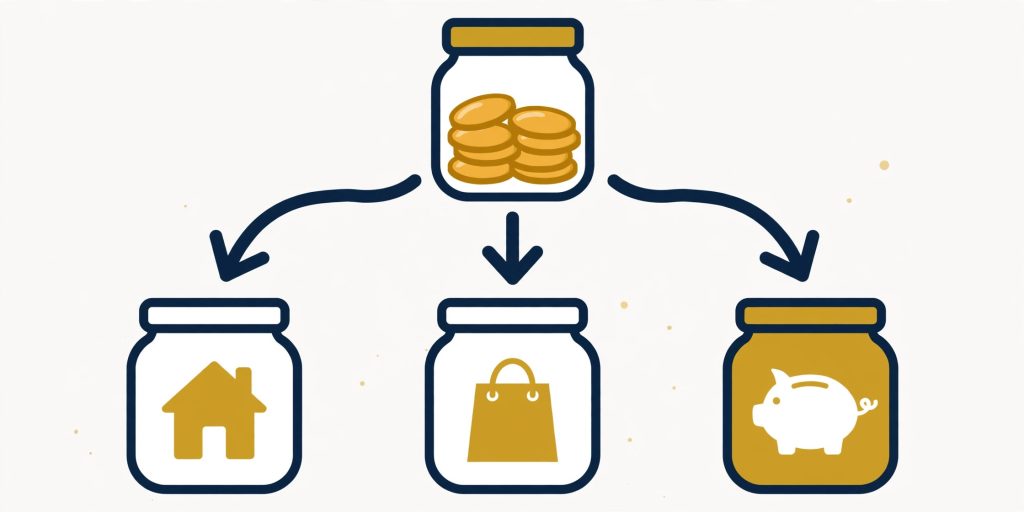 Monthly income divided into three jars for needs, wants, and savings.