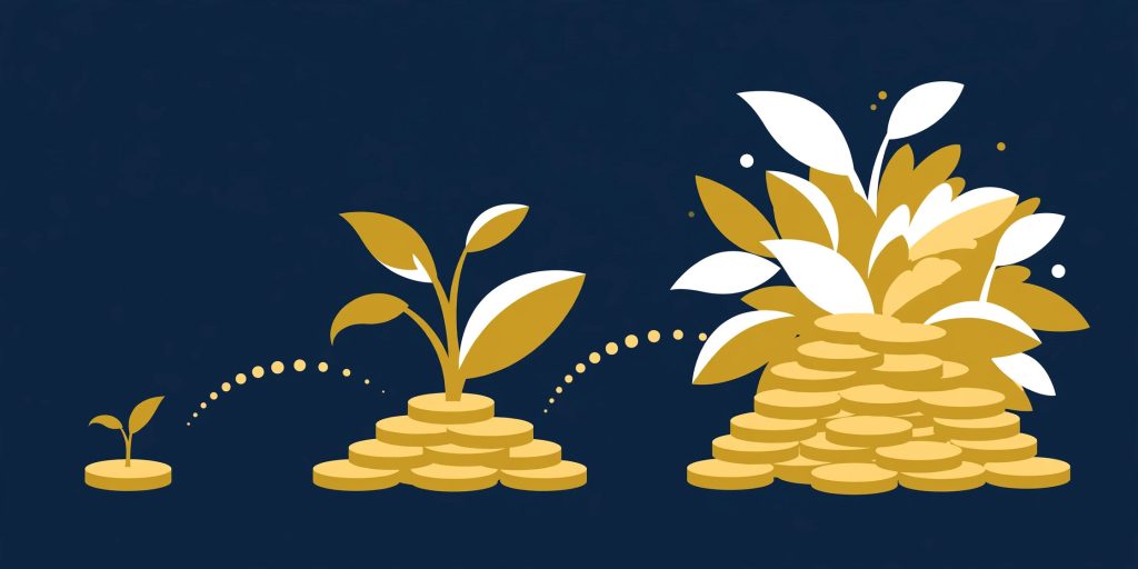 Coins growing from a small sprout into a large plant, showing money growing over time.