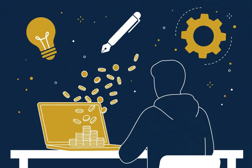 A person working on a laptop with a lightbulb and rising coins, starting side income with skills and no upfront money.
