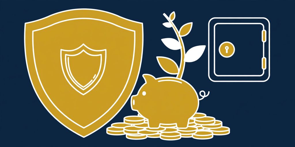 A piggy bank protected by a shield, with a plant and coins growing beside it.