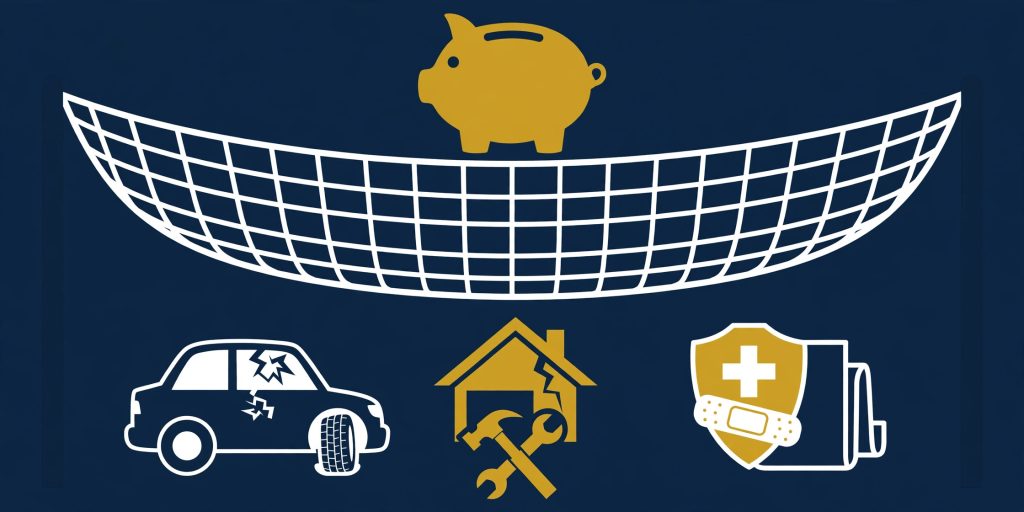 A safety net under a piggy bank, catching unexpected costs.