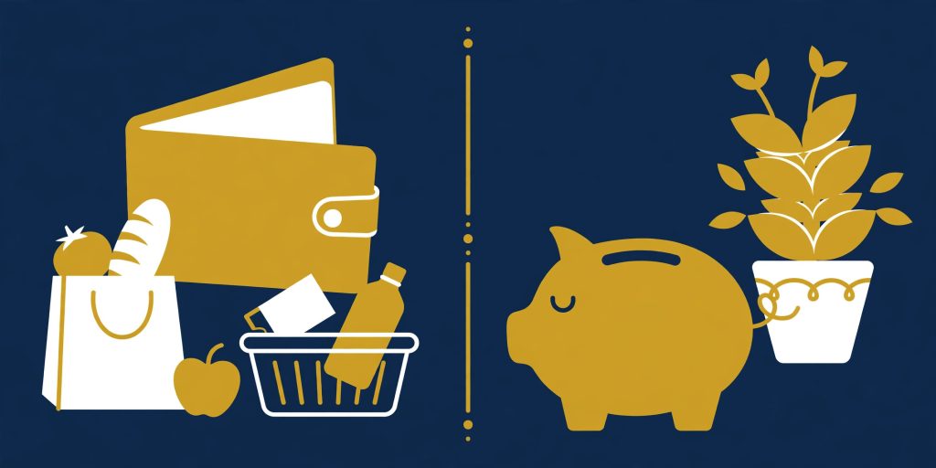 Two accounts side by side, a wallet for daily spending and a piggy bank for saving.
